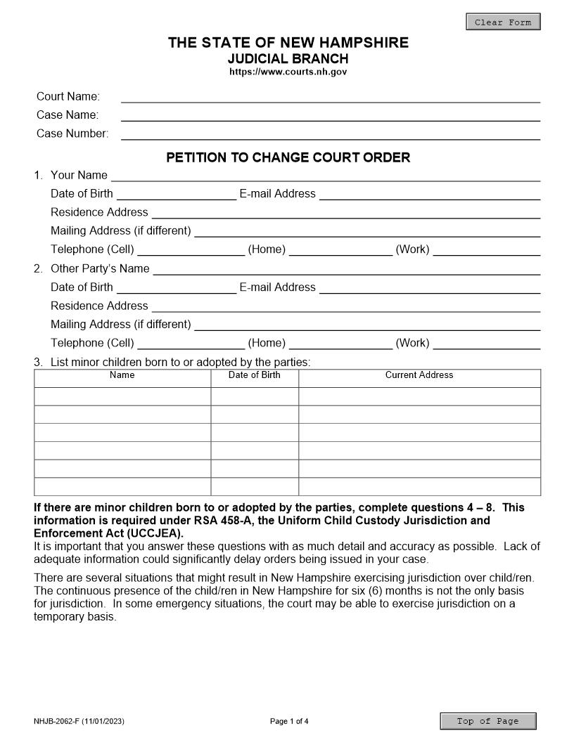 Petition To Change Court Order {NHJB-2062-F} | Pdf Fpdf Docx | New Hampshire