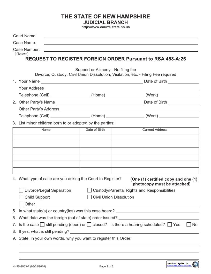 Petition To Register Foreign Order {NHJB-2063-F} | Pdf Fpdf Docx | New Hampshire