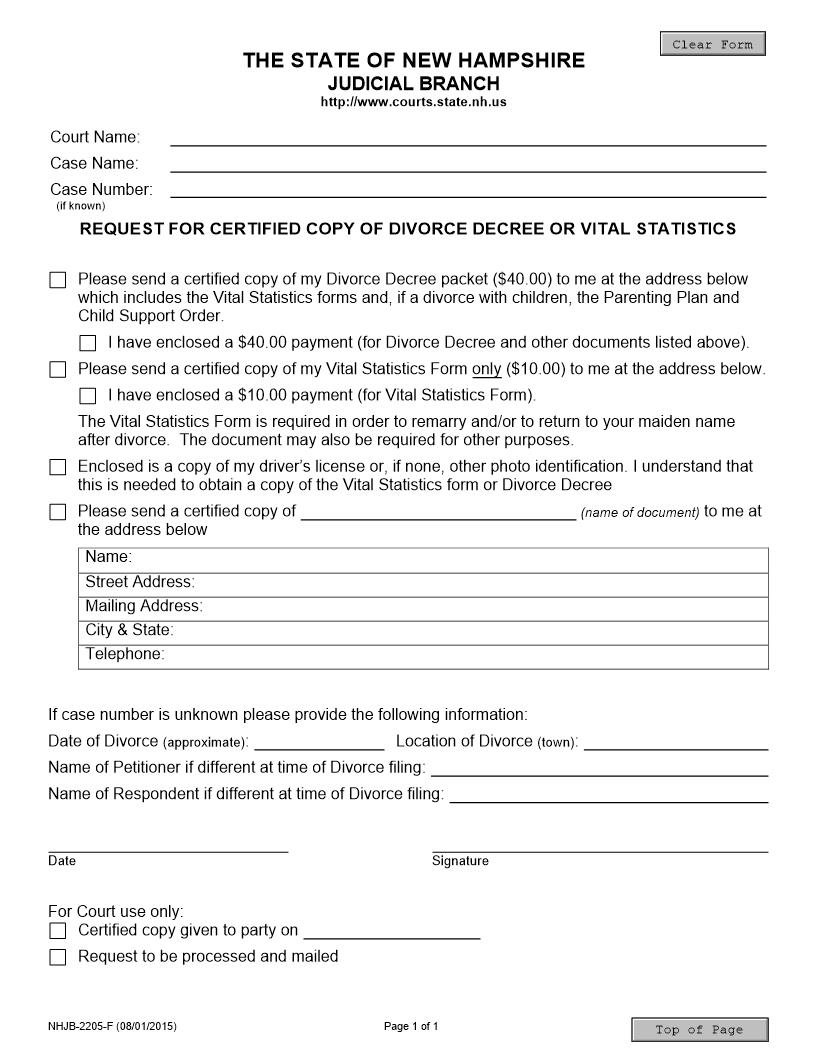 Request For Certified Copy Of Divorce Decree Or Vital Statistics {NHJB-2205-F} | Pdf Fpdf Doc Docx | New Hampshire