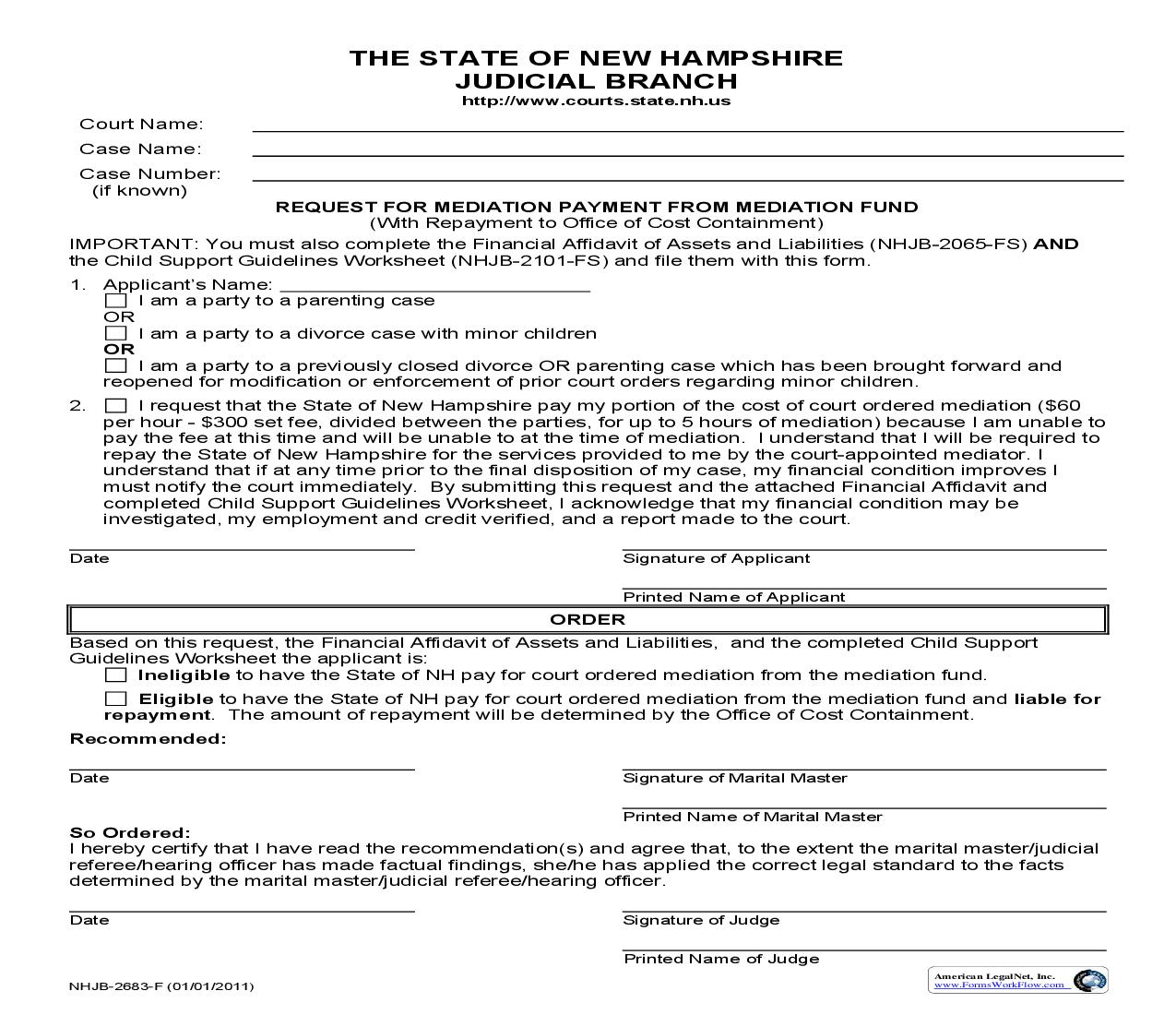 Request For Mediation Payment From Mediation Fund {NHJB-2683-F} | Pdf Fpdf Doc Docx | New Hampshire