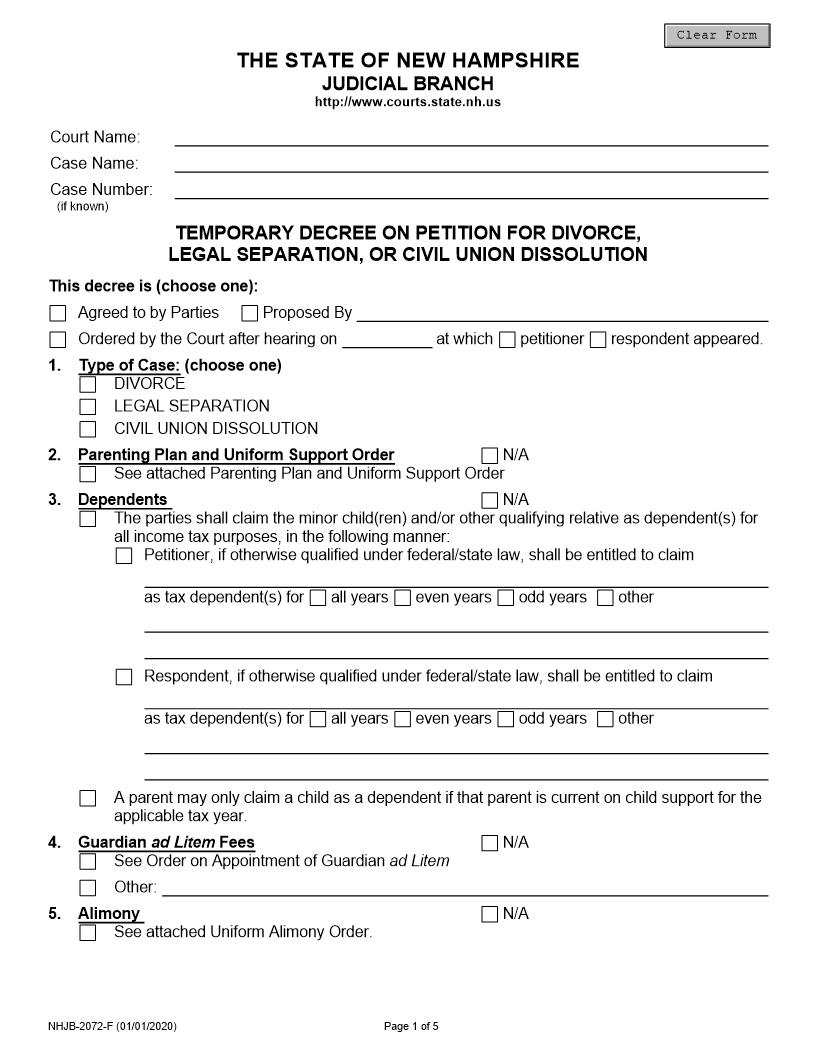 Temporary Decree On Petition For Divorce Legal Separation Or Civil Union Dissolution {NHJB-2072-F} | Pdf Fpdf Docx | New Hampshire