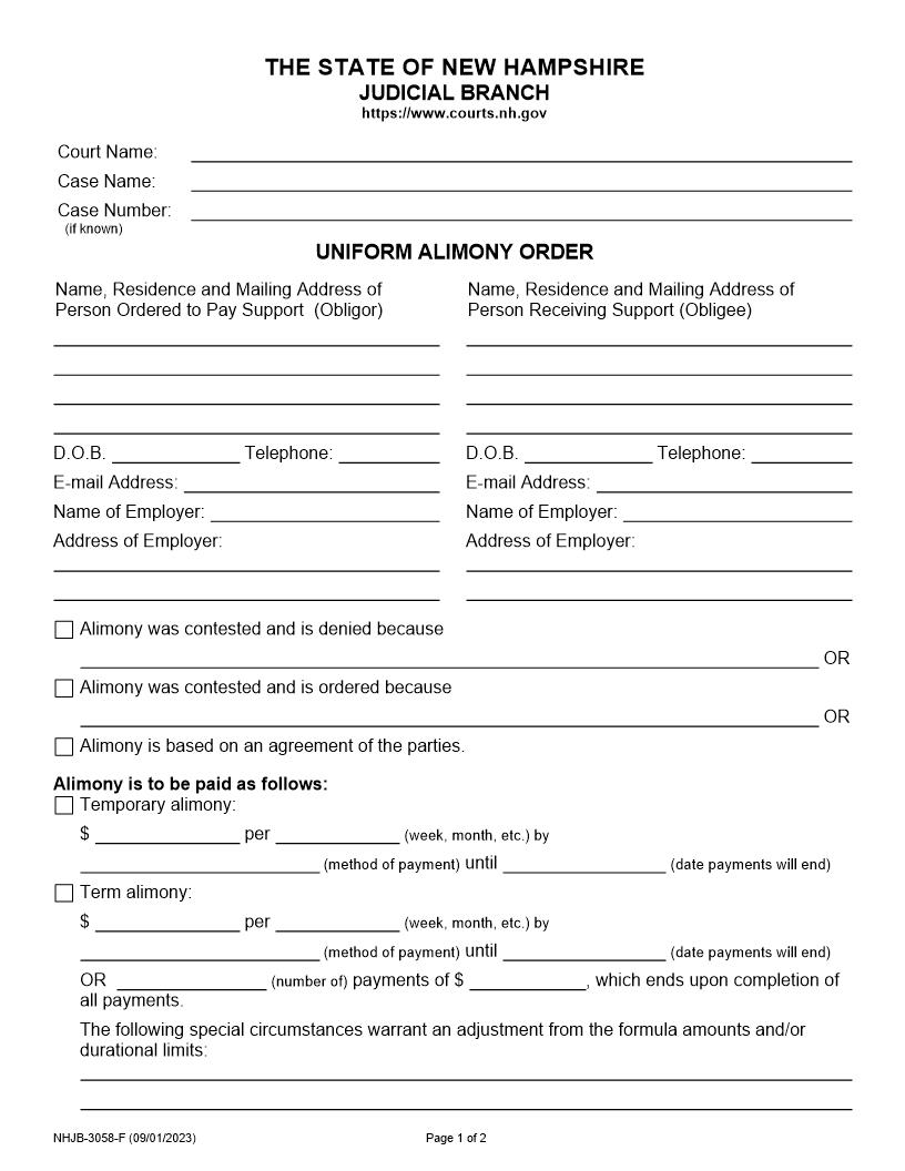 Uniform Alimony Order {NHJB-3058-F} | Pdf Fpdf Docx | New Hampshire
