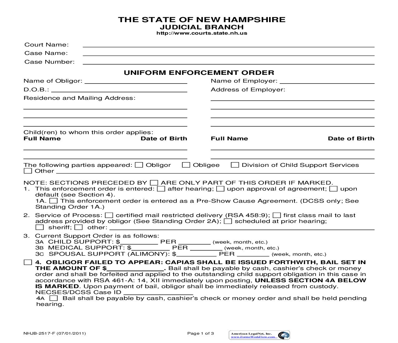 Uniform Enforcement Order {NHJB-2517-F} | Pdf Fpdf Doc Docx | New Hampshire
