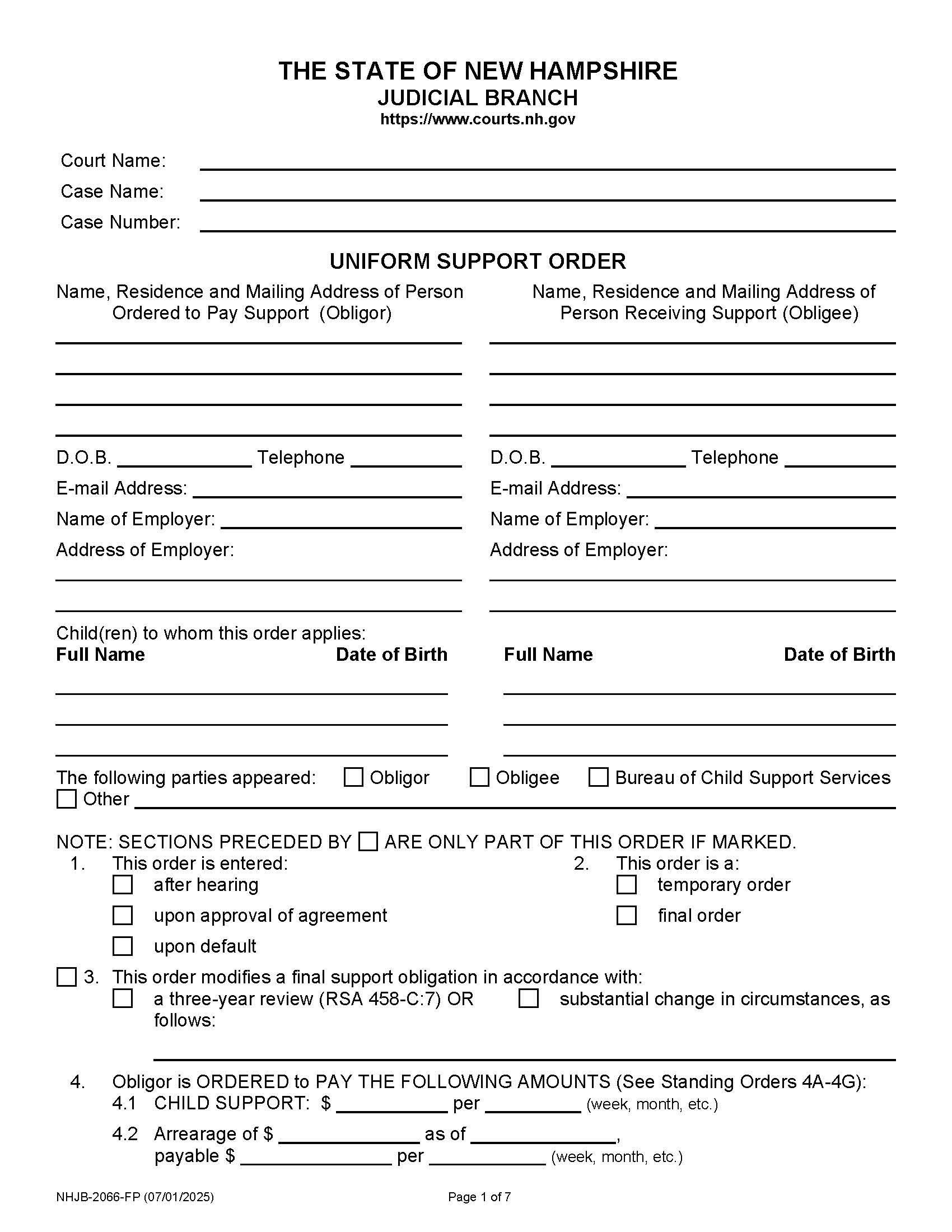 Uniform Support Order {NHJB-2066-FP} | Pdf Fpdf Docx | New Hampshire