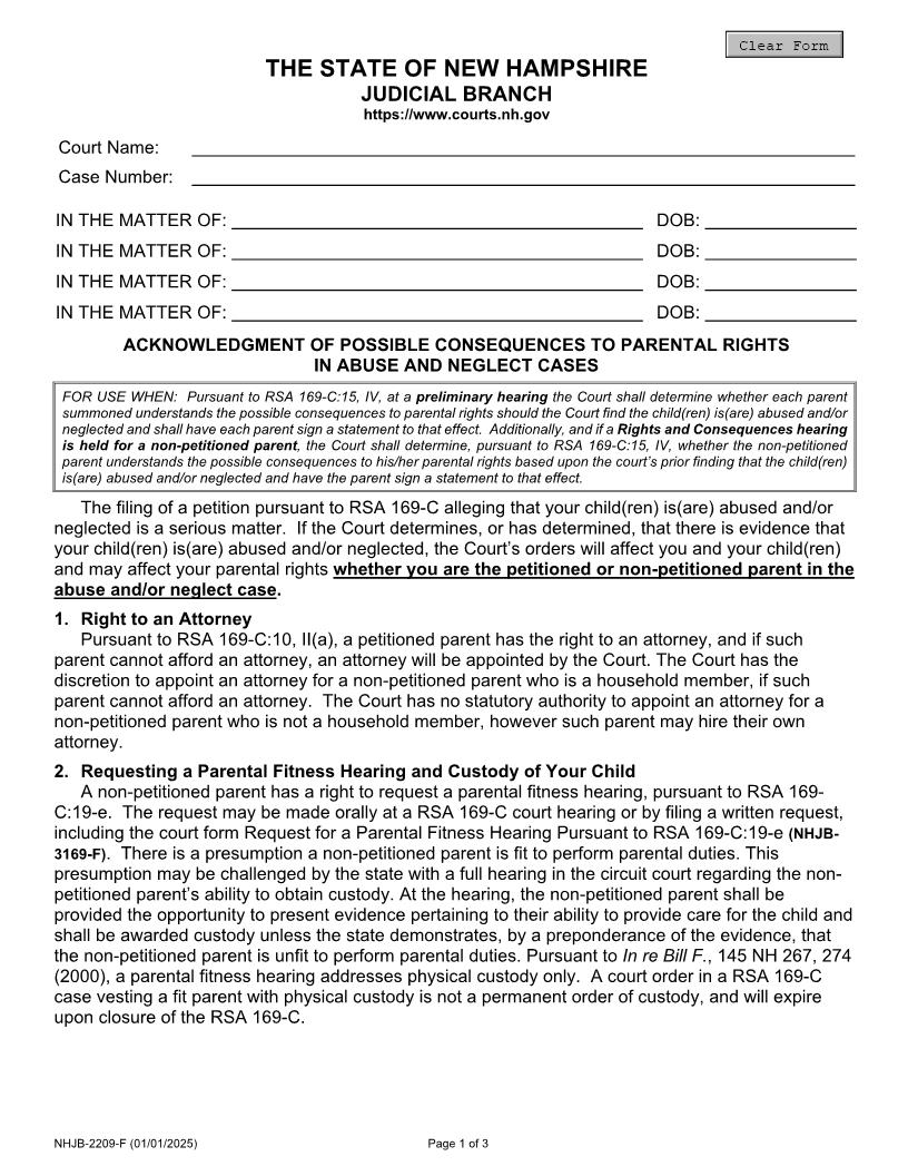 Acknowledgment Of Possible Consequences To Parental Rights {NHJB-2209-F} | Pdf Fpdf Doc Docx | New Hampshire