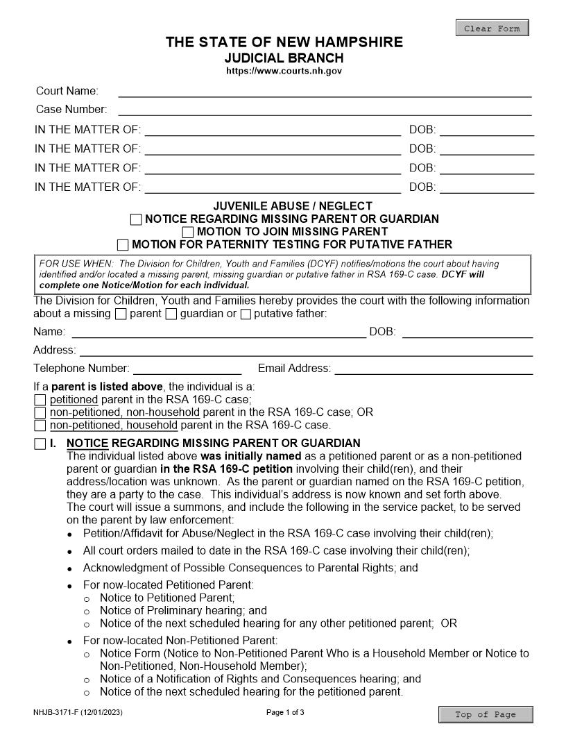 Motion RE Missing Parent {NHJB-3171-F} | Pdf Fpdf Docx | New Hampshire