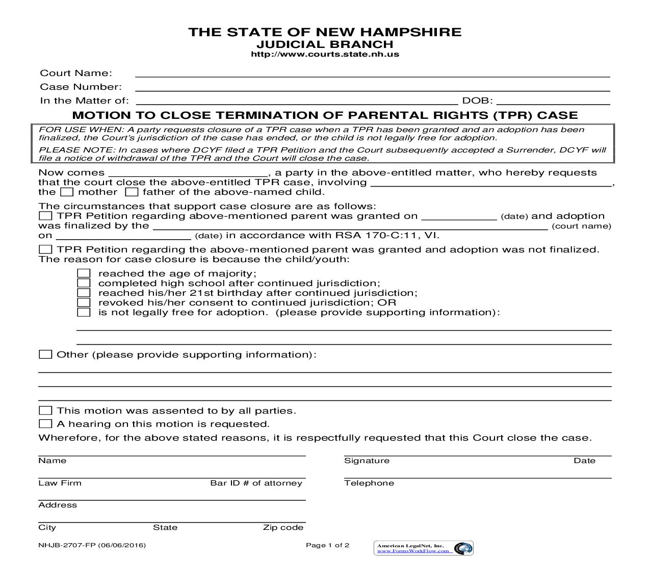 Motion To Close Termination Of Parental Rights (TPR) Case {NHJB-2707-FP} | Pdf Fpdf Doc Docx | New Hampshire