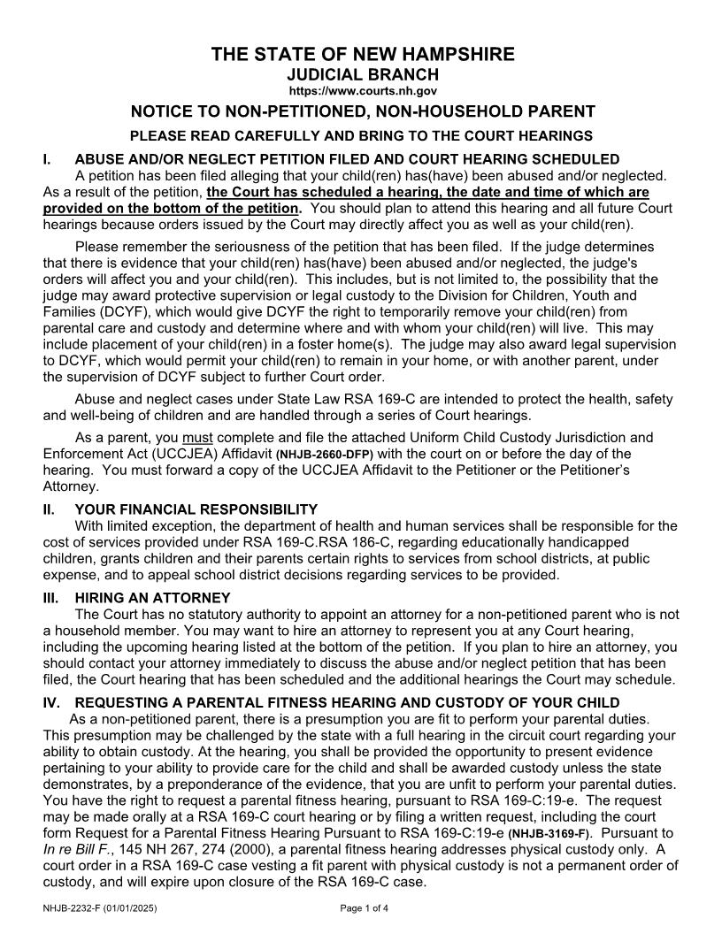 Notice To Non-Petitioned Non-Household Parent {NHJB-2232-F} | Pdf Fpdf Docx | New Hampshire