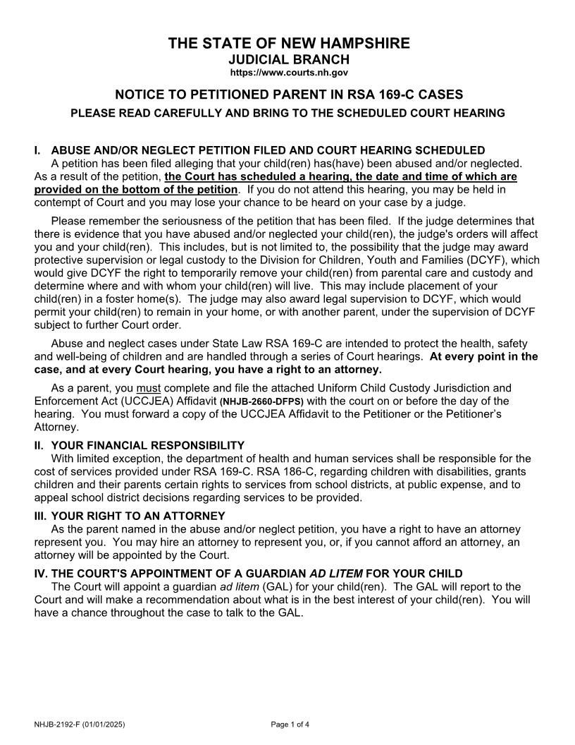 Notice To Petitioned Parent {NHJB-2192-F} | Pdf Fpdf Docx | New Hampshire