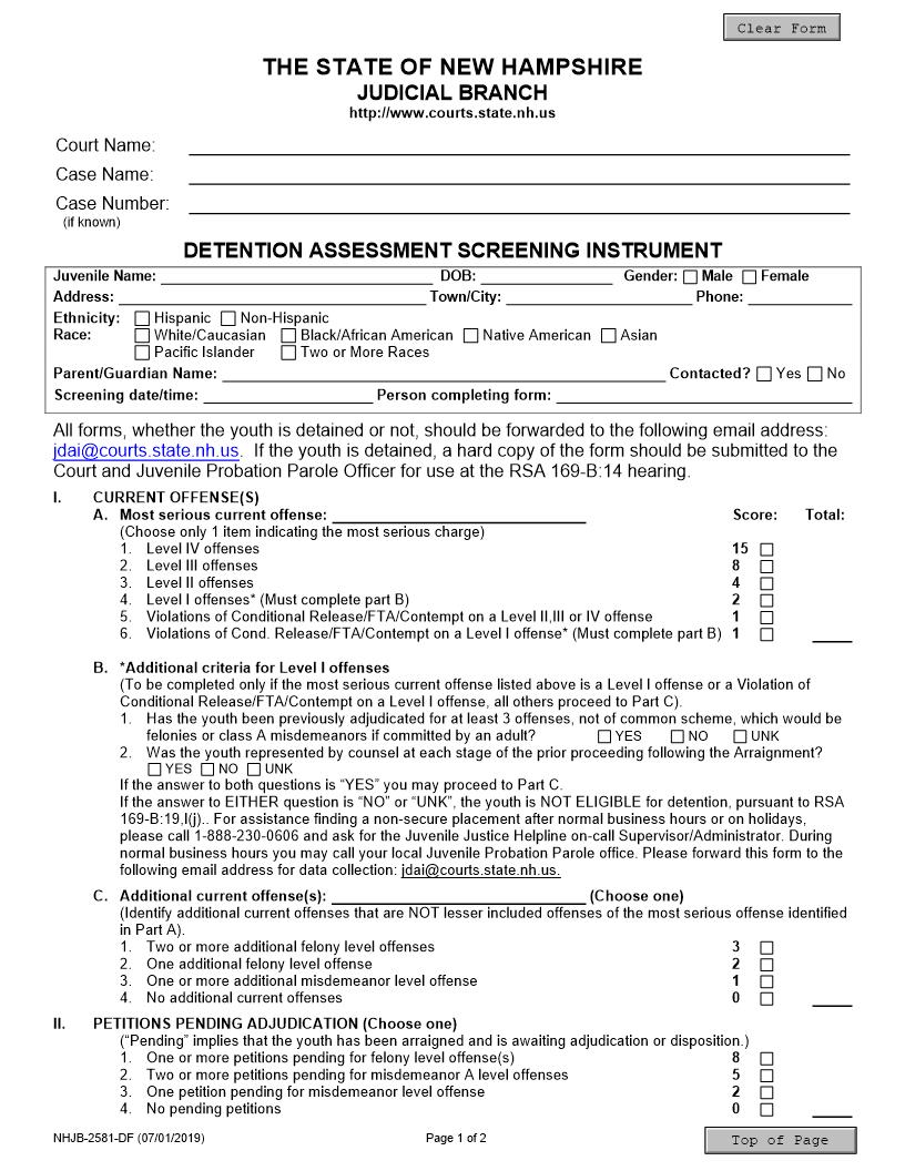 Detention Assessment Screening Instrument {NHJB-2581-DF} | Pdf Fpdf Doc Docx | New Hampshire