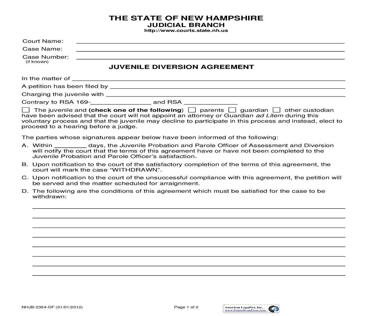 Juvenile Diversion Agreement {NHJB-2354-DF} | Pdf Fpdf Doc Docx | New Hampshire