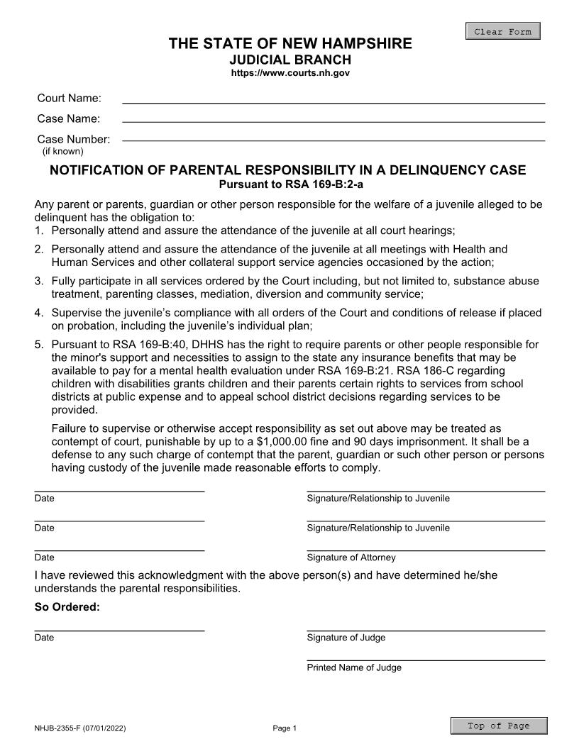 Notification Of Parental Responsibility In A Delinquency Case {NHJB-2355-F} | Pdf Fpdf Doc Docx | New Hampshire