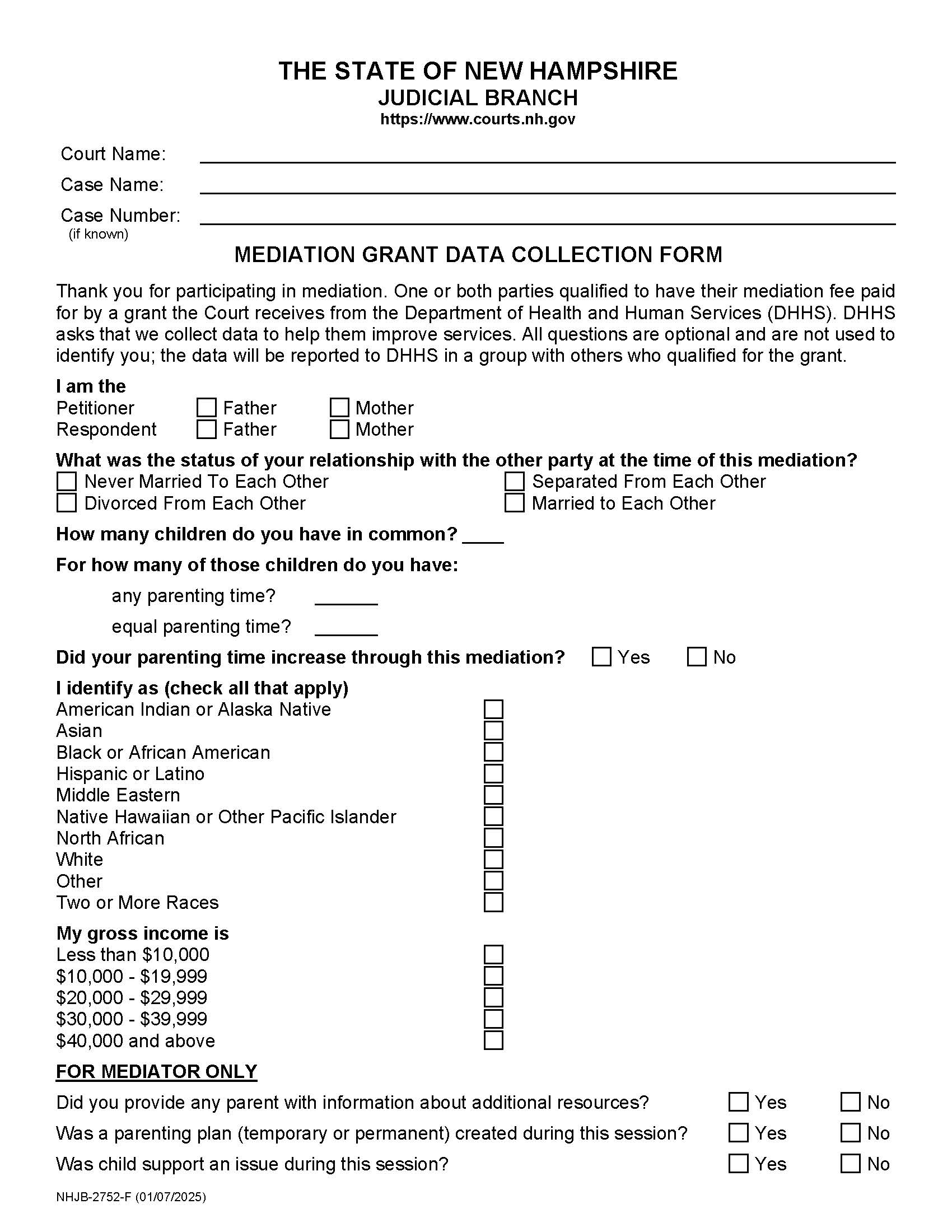 Mediation Grant Data Collection Form {NHJB-2752-F} | Pdf Fpdf Docx | New Hampshire