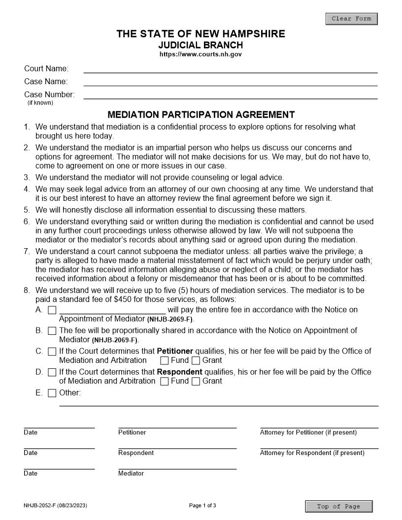 Mediation Participation Agreement {NHJB-2052-F} | Pdf Fpdf Docx | New Hampshire