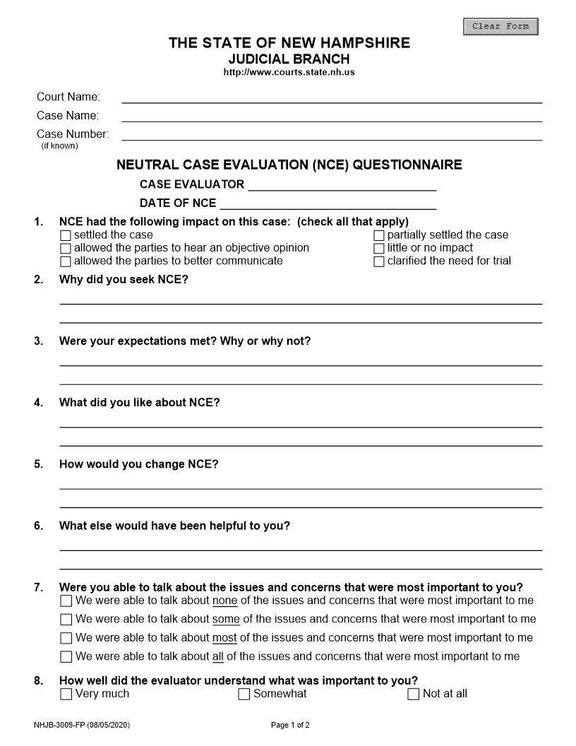 Neutral Case Evaluation Questionaire {NHJB-3009-FP} | Pdf Fpdf Docx | New Hampshire