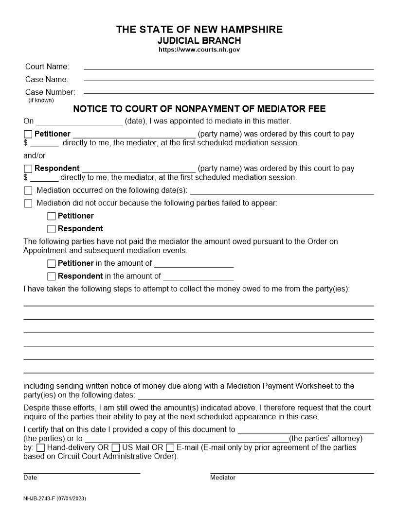 Notice To Court Of Nonpayment Of Mediator Fee {NHJB-2743-F} | Pdf Fpdf Docx | New Hampshire