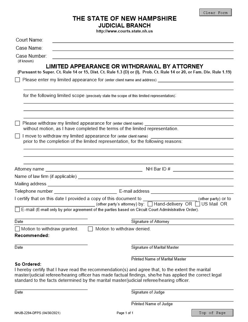 Limited Appearance Or Withdrawal By Attorney {NHJB-2294-DFPS} | Pdf Fpdf Docx | New Hampshire