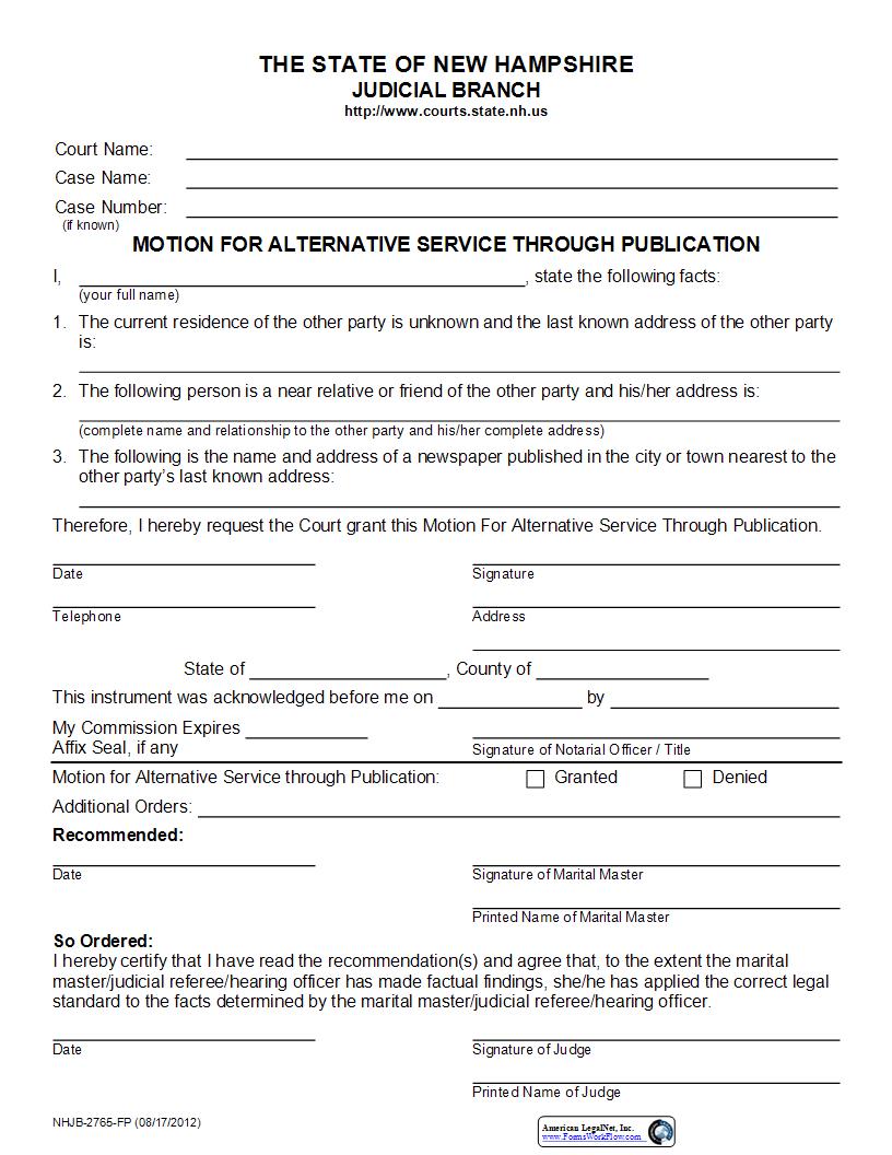 Motion For Alternative Service Through Publication {NHJB-2765-FP} | Pdf Fpdf Docx | New Hampshire