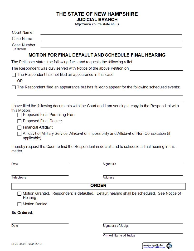 Motion For Final Default And Schedule Final Hearing {NHJB-2959-F} | Pdf Fpdf Docx | New Hampshire