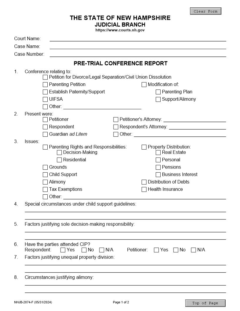 Pre-Trial Conference Report {NHJB-2074-F} | Pdf Fpdf Docx | New Hampshire