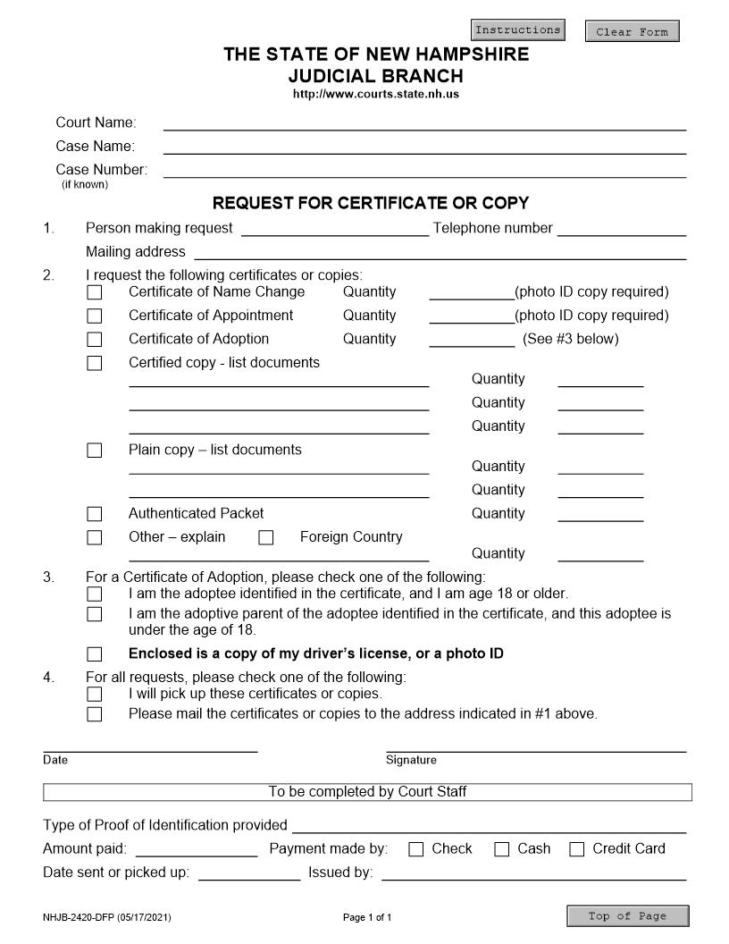 Request For Certificate Or Copy {NHJB-2420-FP} | Pdf Fpdf Docx | New Hampshire