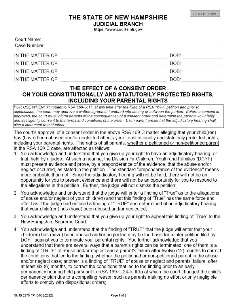 The Effect Of A Consent Order On Your Constitutionally-Statutorily Protected Rights {NHJB-2270-FP} | Pdf Fpdf Docx | New Hampshire