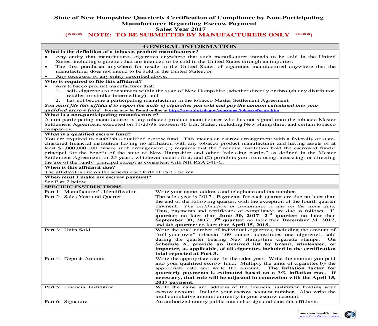 Quarterly Certification of Compliance by Non-Participating Manufacturer Regarding Escrow Payment | Pdf Fpdf Doc Docx | New Hampshire