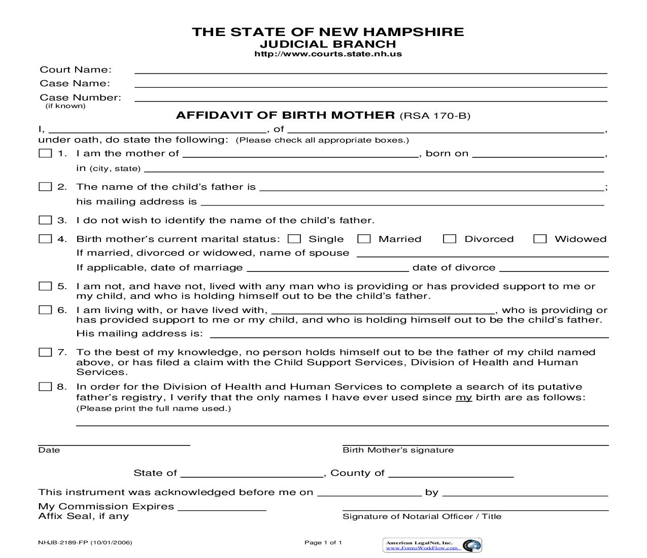 Affidavit Of Birth Mother {NHJB-2189-FP} |  | New Hampshire