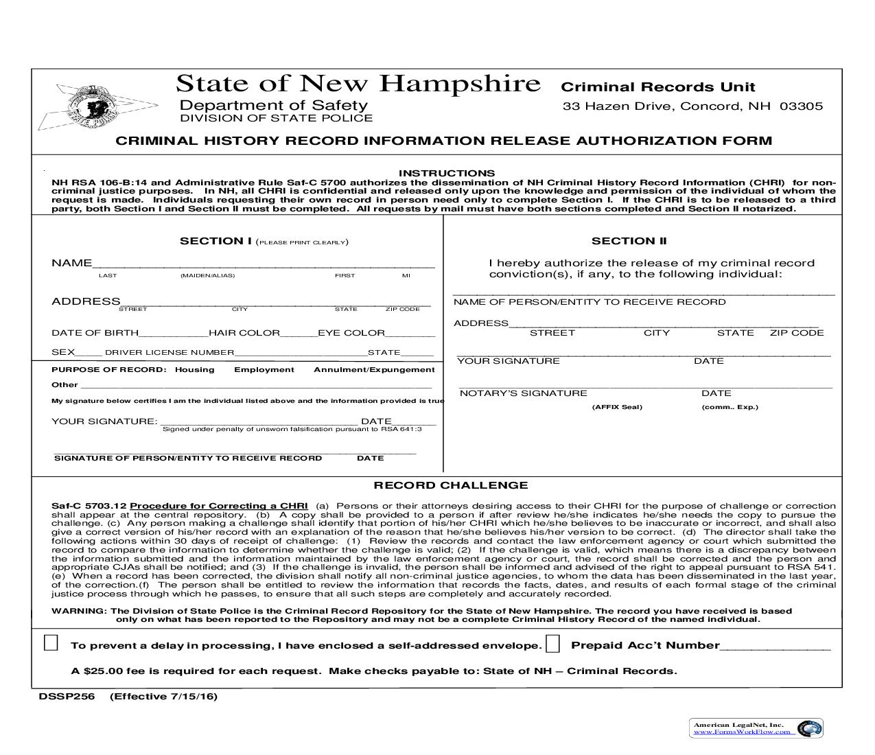 Criminal History Record Information Release Authorization Form {DSSP 256} |  | New Hampshire