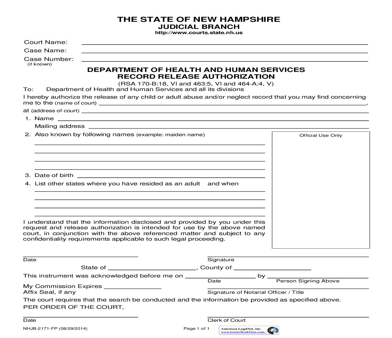 Department Of Health And Human Services Record Release Authorization {NHJB-2171-FP} |  | New Hampshire