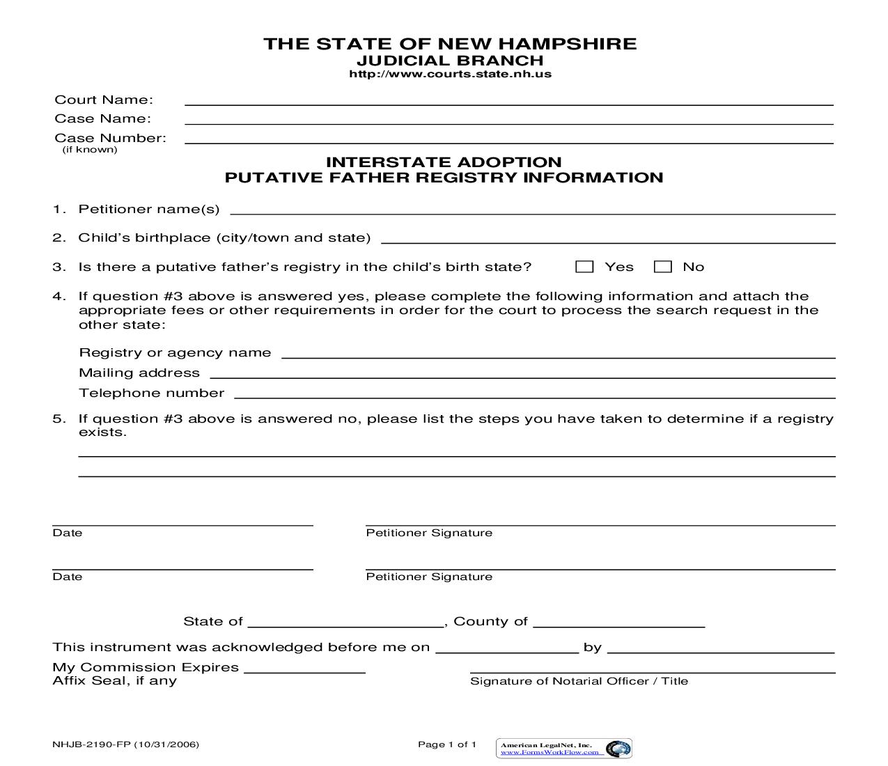 Interstate Adoption Putative Father Registry Information {NHJB-2190-FP} |  | New Hampshire