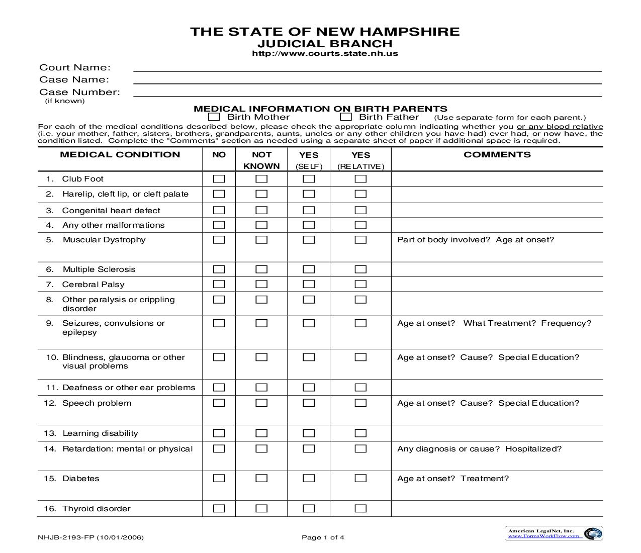 Medical Information On Birth Parents {NHJB-2193-FP} |  | New Hampshire