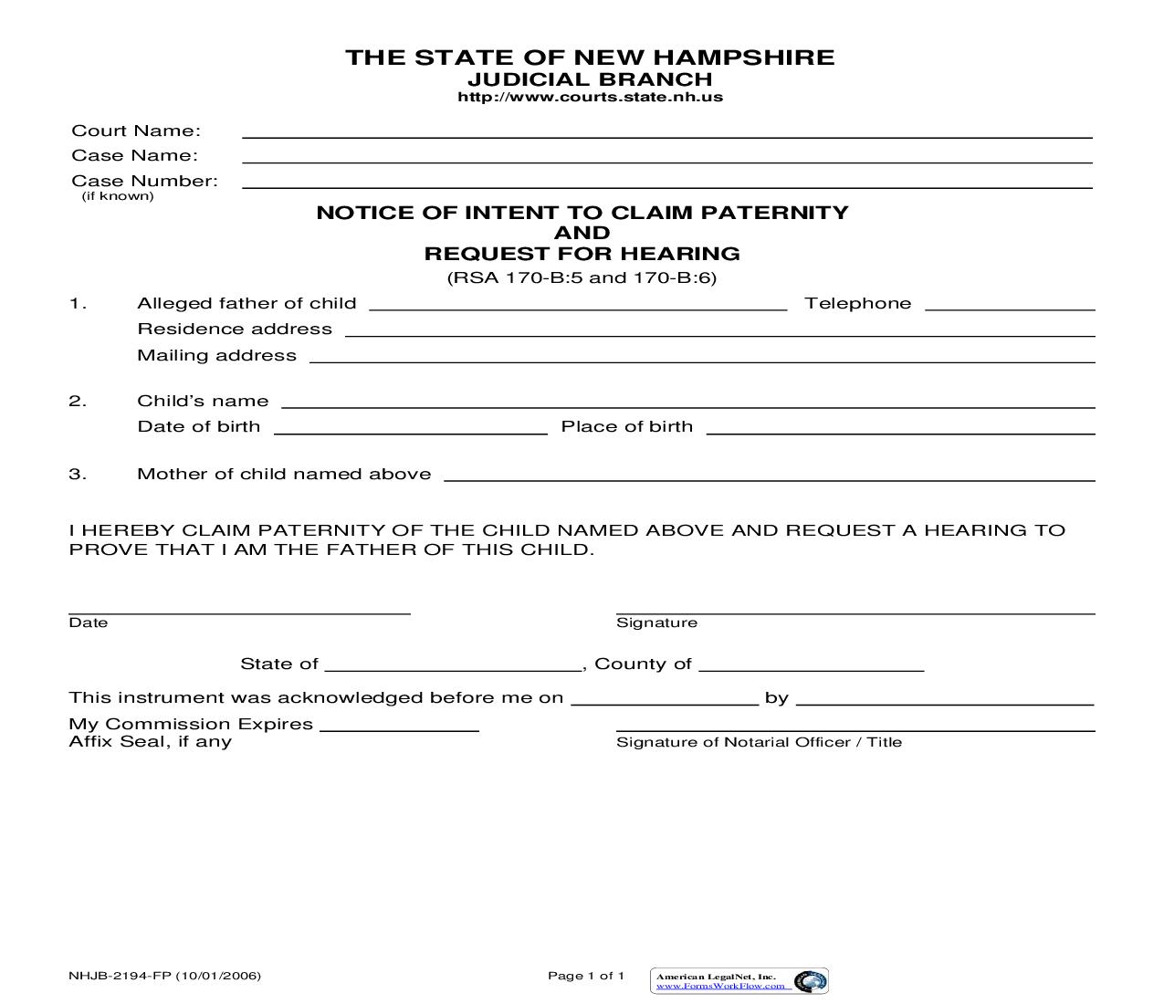 Notice Of Intent To Claim Paternity And Request For Hearing {NHJB-2194-FP} |  | New Hampshire