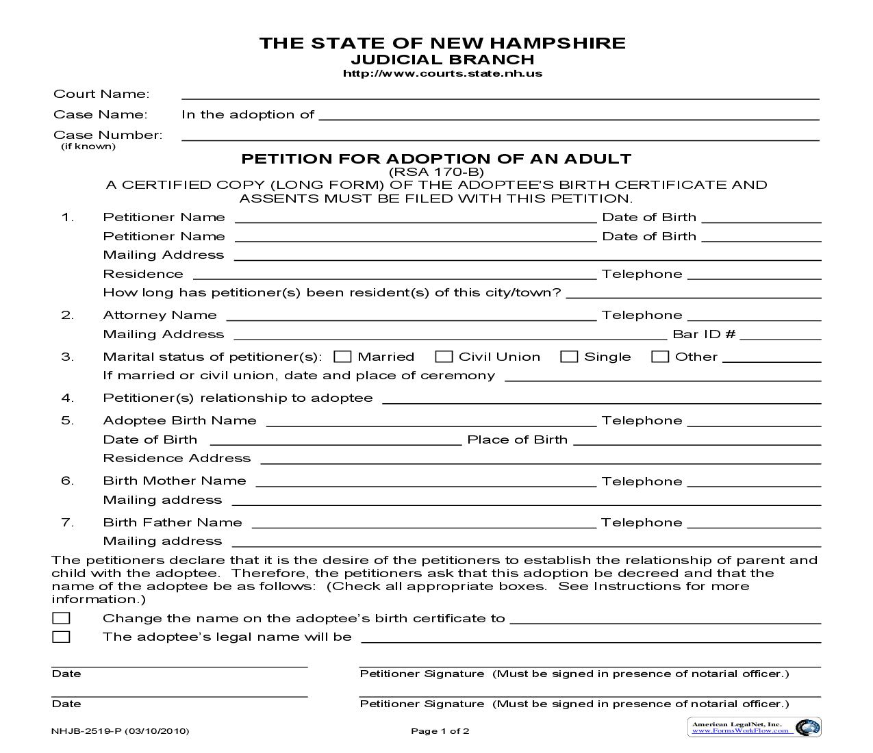 Petition For Adoption Of An Adult {NHJB-2519-P} |  | New Hampshire