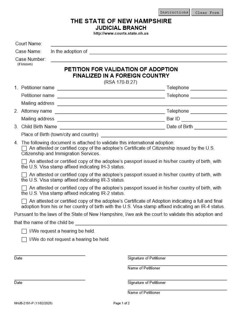 Petition For Validation Of Adoption In A Foreign Country {NHJB-2191-P} | Pdf Fpdf Docx | New Hampshire