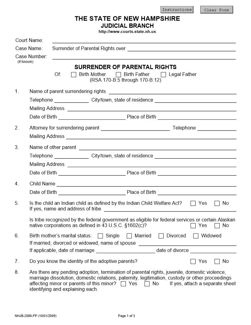 Surrender Of Parental Rights {NHJB-2080-FP} | Pdf Fpdf Docx | New Hampshire