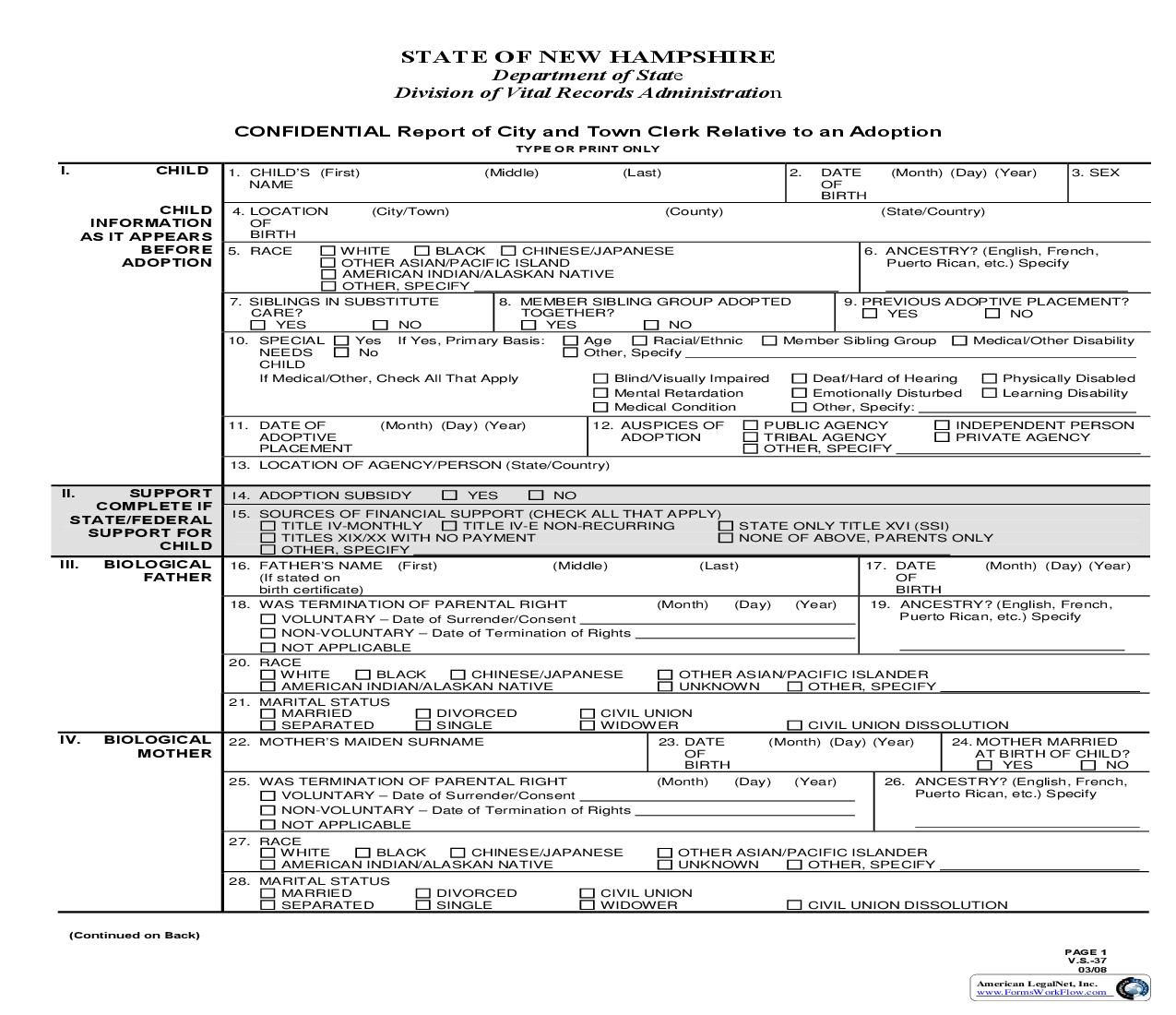 Vital Records Report {VS-37} |  | New Hampshire