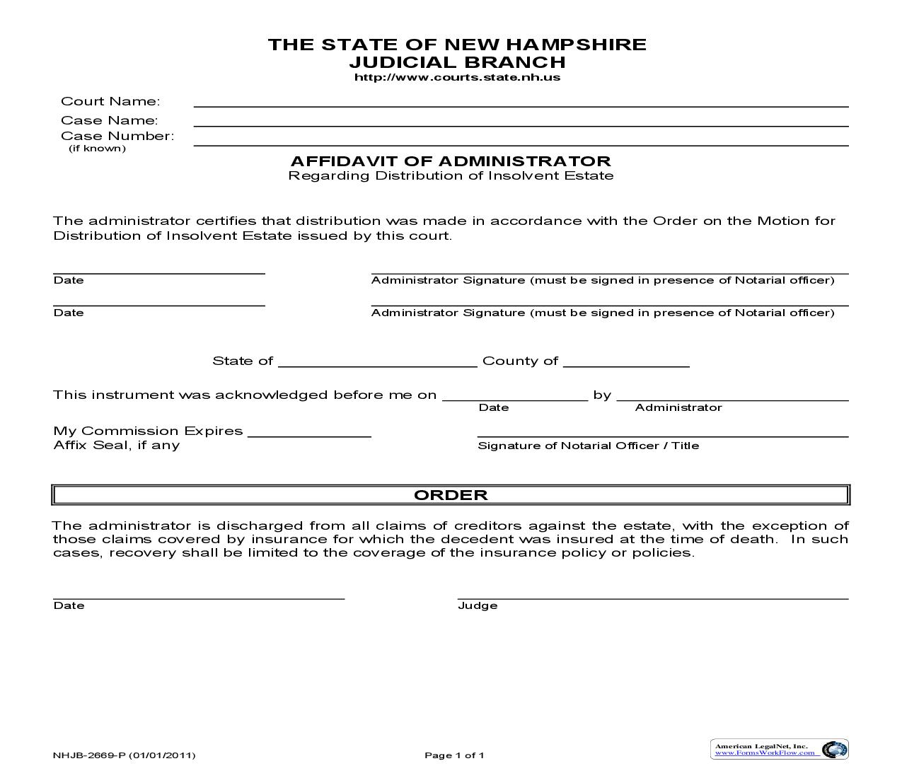 Affidavit Of Administrator {NHJB-2669-P} | Pdf Fpdf Doc Docx | New Hampshire