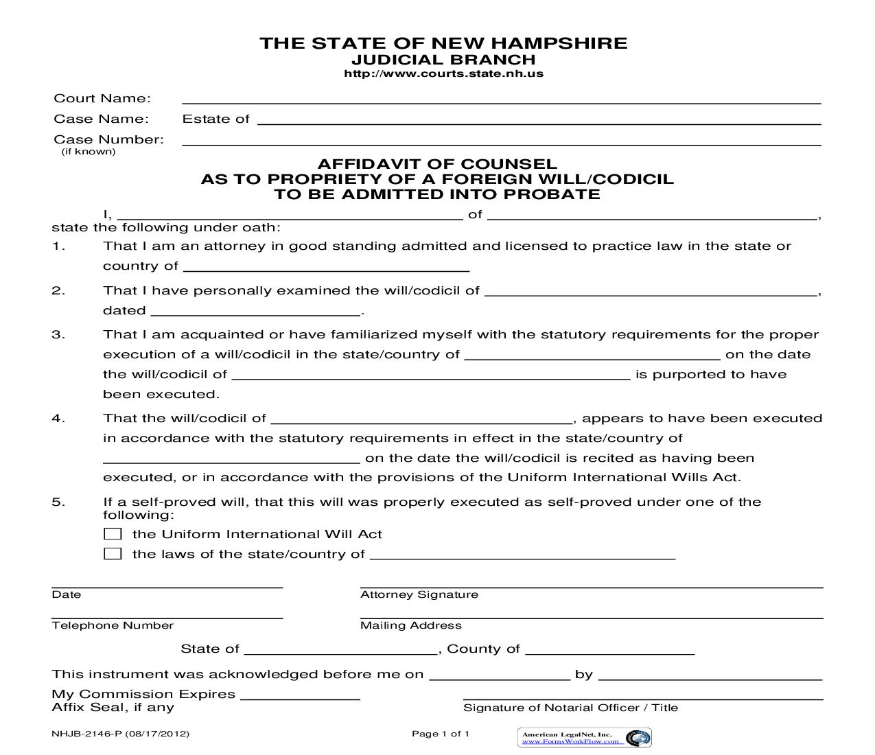Affidavit Of Counsel As To Propriety Of Foreign Will Or Codicil To Be Admitted Into Probate {NHJB-2146-P} | Pdf Fpdf Doc Docx | New Hampshire