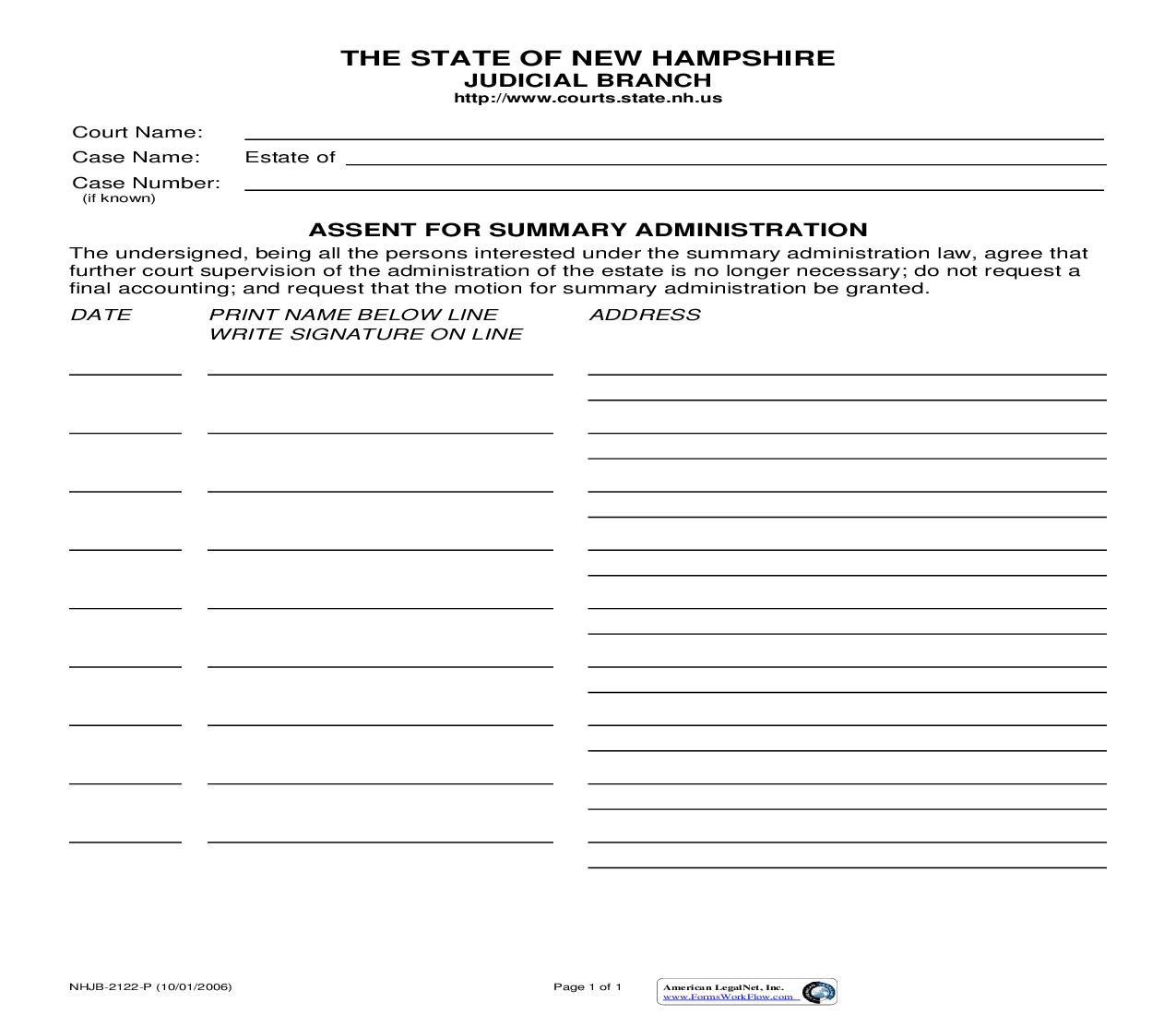 Assent For Summary Administration {NHJB-2122-P} | Pdf Fpdf Doc Docx | New Hampshire