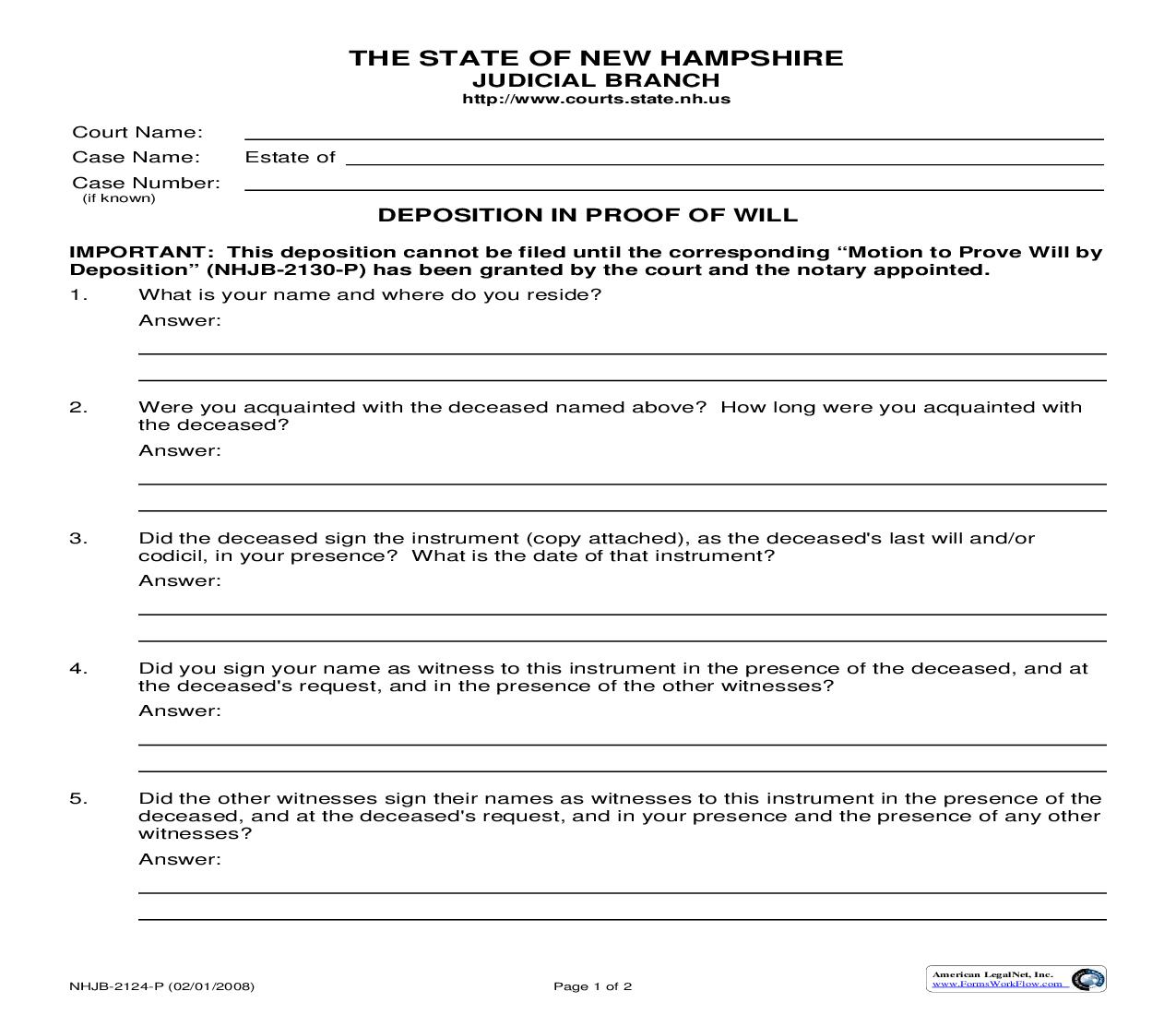Deposition In Proof Of Will {NHJB-2124-P} | Pdf Fpdf Doc Docx | New Hampshire