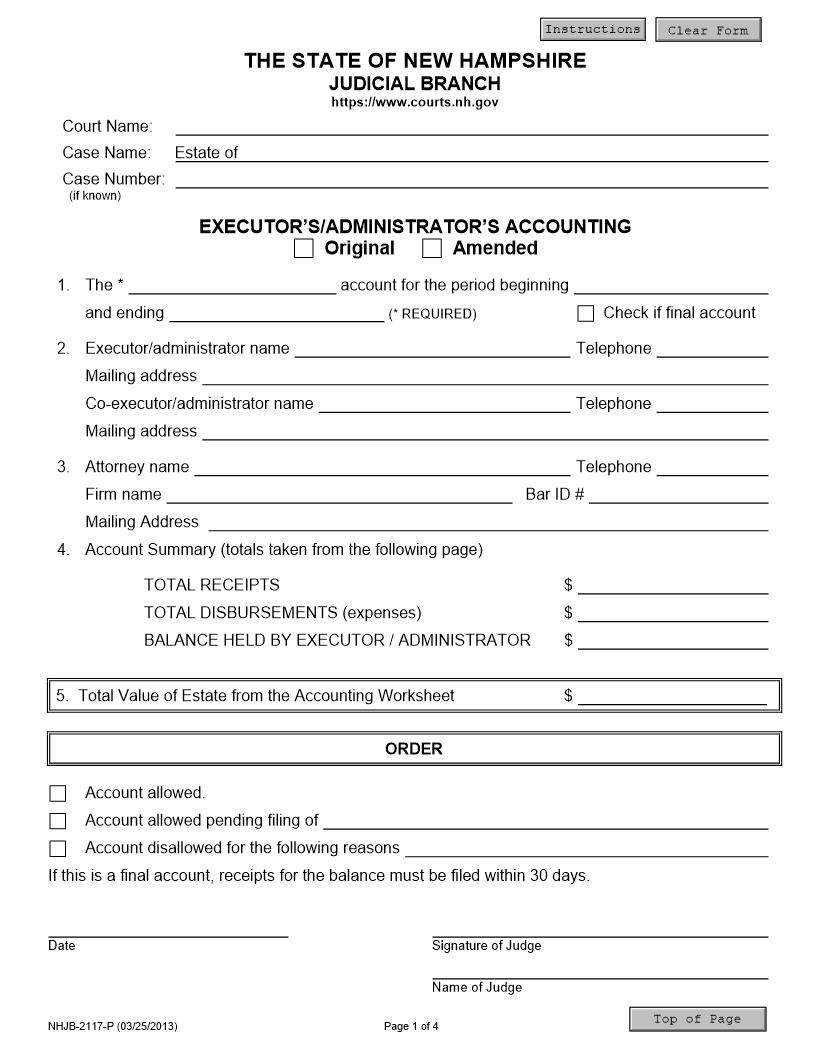 Executors Administrators Accounting {NHJB-2117-P} | Pdf Fpdf Doc Docx | New Hampshire