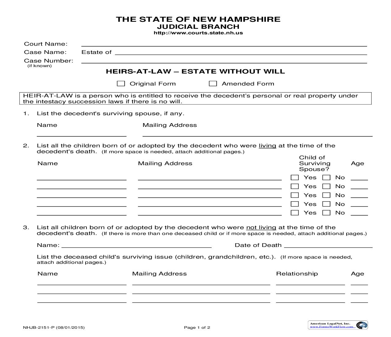 Heirs At Law - Estate Without Will {NHJB-2151-P} | Pdf Fpdf Doc Docx | New Hampshire