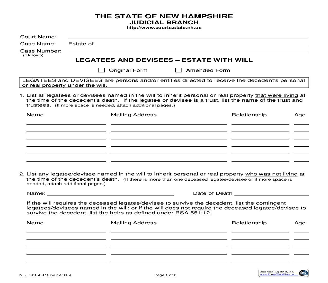 Legatees And Devisees - Estate With Will {NHJB-2150-P} | Pdf Fpdf Doc Docx | New Hampshire