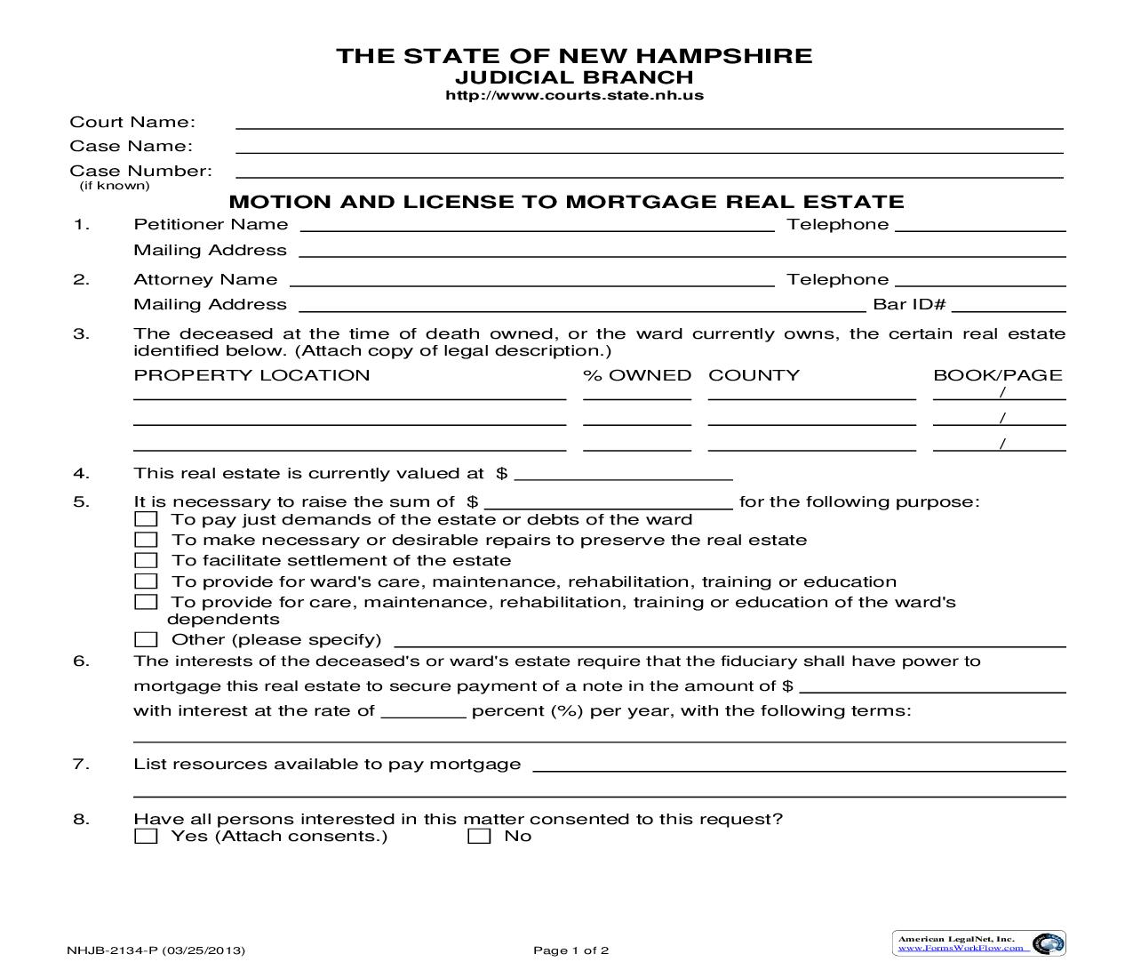 Motion And License To Mortgage Real Estate {NHJB-2134-P} | Pdf Fpdf Doc Docx | New Hampshire