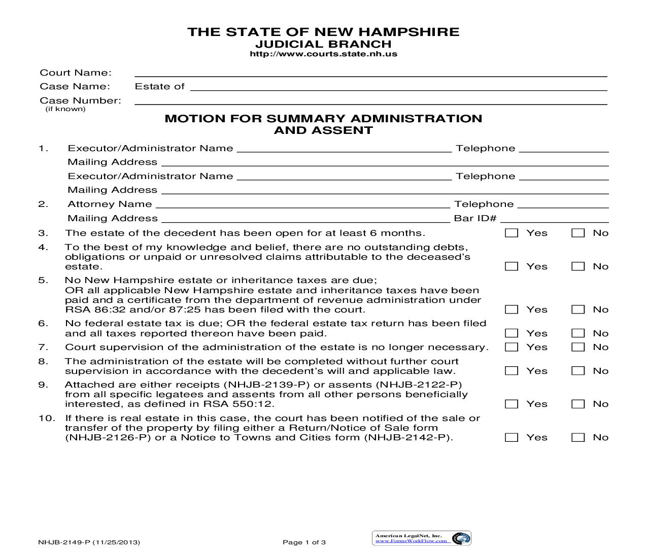 Motion For Summary Administration And Assent {NHJB-2149-P} | Pdf Fpdf Doc Docx | New Hampshire