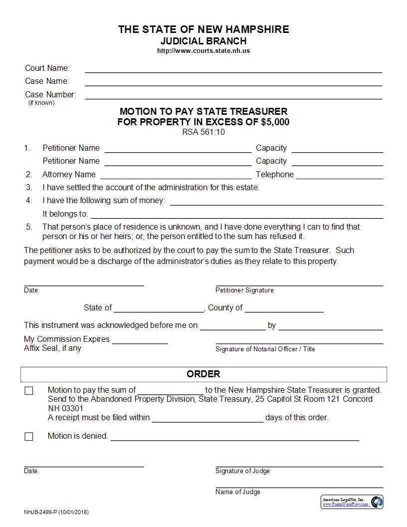 Motion To Pay State Treasurer For Property In Excess Of $5000 {NHJB-2499-P} | Pdf Fpdf Docx | New Hampshire
