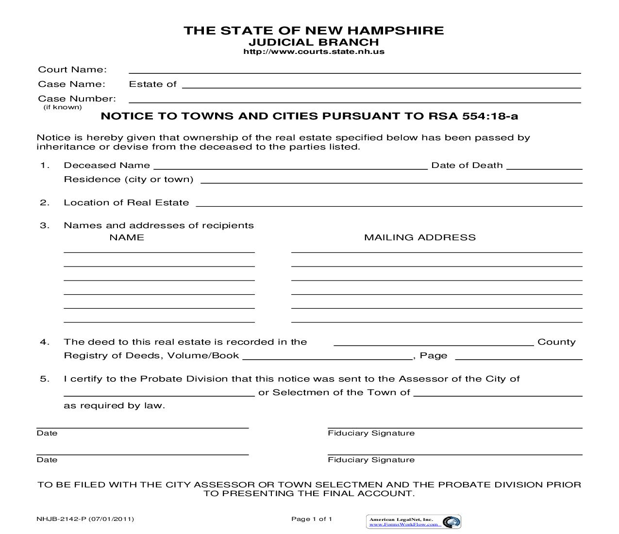 Notice To Towns And Cities Pursuant To RSA 554-18-a {NHJB-2142-P} | Pdf Fpdf Doc Docx | New Hampshire