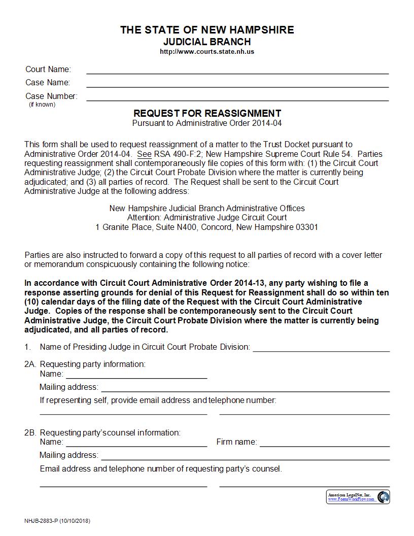 Request For Reassignment {NHJB-2883-P} | Pdf Fpdf Docx | New Hampshire