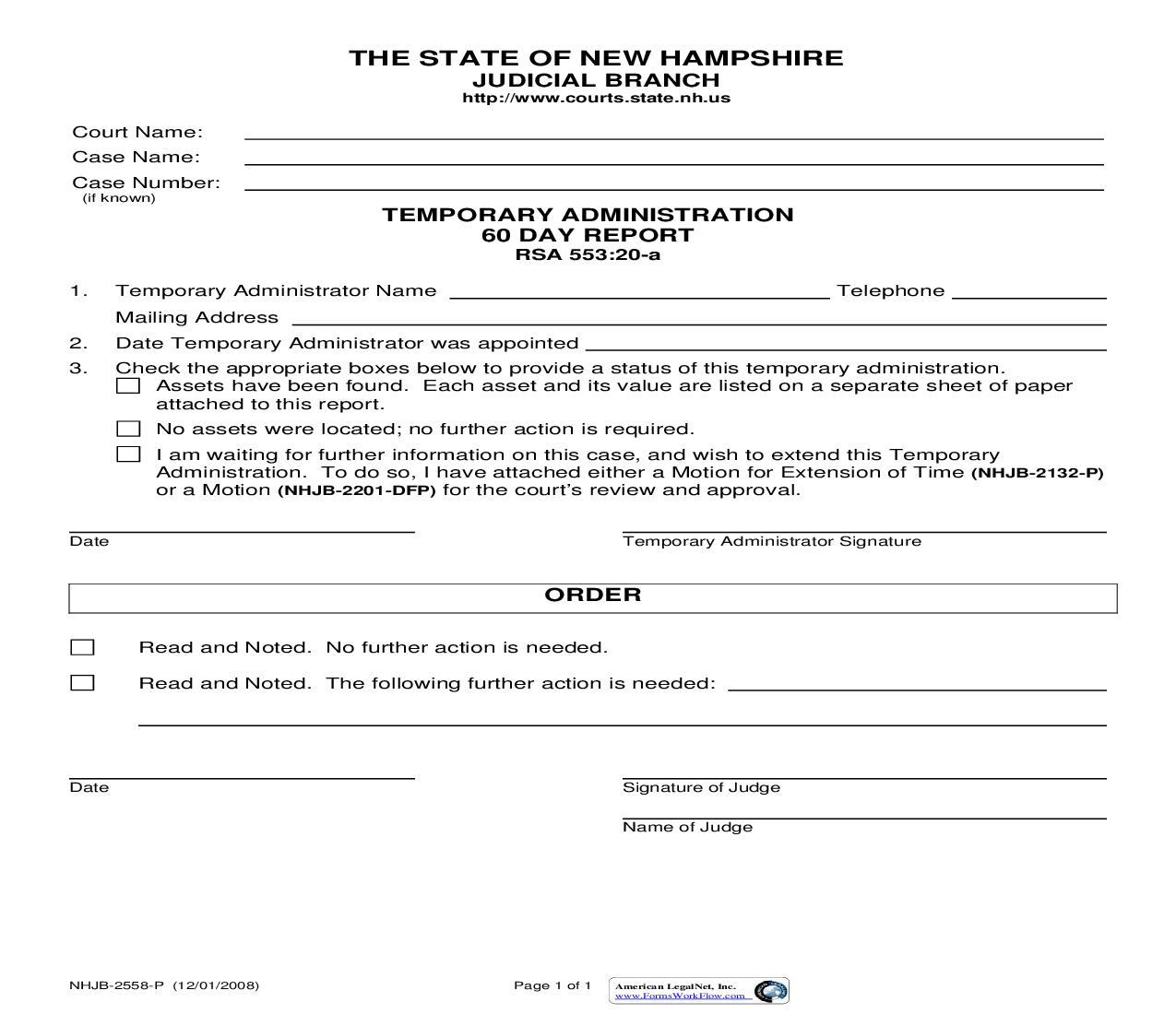 Temporary Administration 60 Day Report {NHJB-2558-P} | Pdf Fpdf Doc Docx | New Hampshire